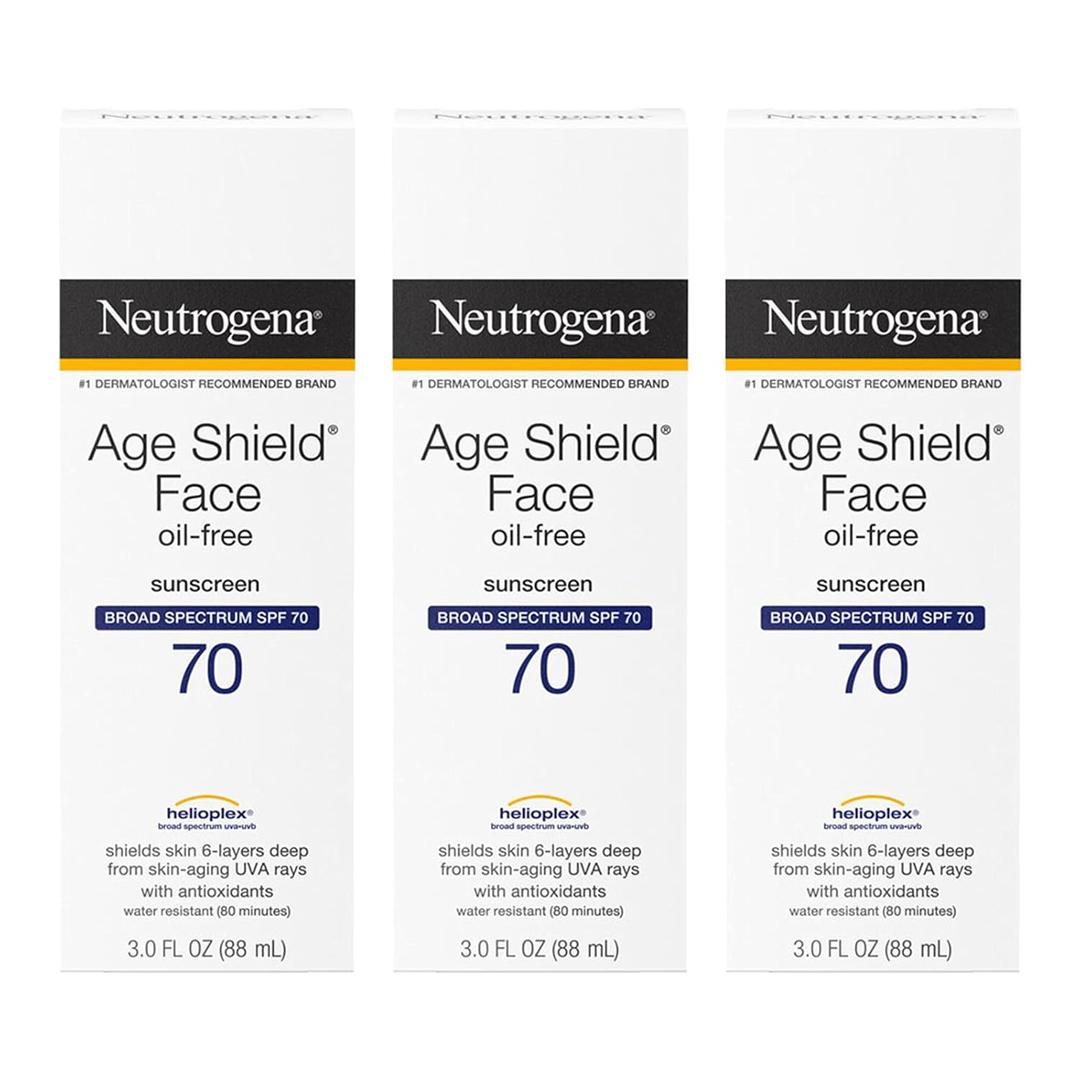 Neutrogena Age Shield Face Oil-Free Sunscreen Lotion with Broad Spectrum SPF 70, Non-Comedogenic Moisturizing Sunscreen to Help Prevent Signs of Aging, PABA-Free, 3 fl. oz (Pack of 3)