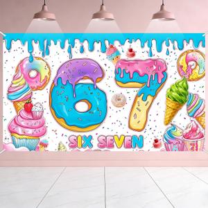 Kosydwon Basic 6 7 Meme Birthday Backdrop for Boys Girls - 7x5FT Polyester Funny Six Seven Donut Party Decorations - Thick Fabric Photo Booth Background Banner for Kids Teens Adults