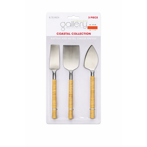 Gallery Coastal Collection 3-Piece Cheese Knife Set (6.75”) – Rattan Handle & Stainless Steel Blades