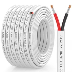 CONEPY 6 Gauge Marine Wire, 6/2 Duplex Marine Grade Cable, IP68 Waterproof/Oxygen-Free Tinned Copper Stranded PVC 6 AWG Wire for Boat, Automotive, RV, Solar, LED Strips (30FT)