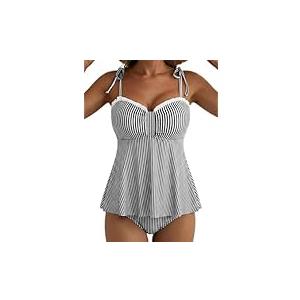 Aleumdr Womens Bikini Sets 2 Piece High Waisted Tummy Control Swimsuit Adjustable Strap Bikini Top with Swim Skirt Black and White Stripe, Large 
