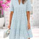 BTFBM Womens Boho Summer Dresses 2026 Spring V Neck Short Sleeve Hollow Out Lace Ruffle Casual Beach Mini Vacation Dress (M)