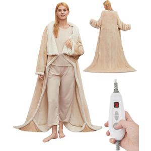 GarveeHome Wearable Heated Blanket with Foot Pocket,Electric Snuggle Blanket with Sleeves,6 Heating Levels & 2/4/8/10H Time Settings,Machine Washable,Gift for Family & Friends,50 * 70"+18", Khaki