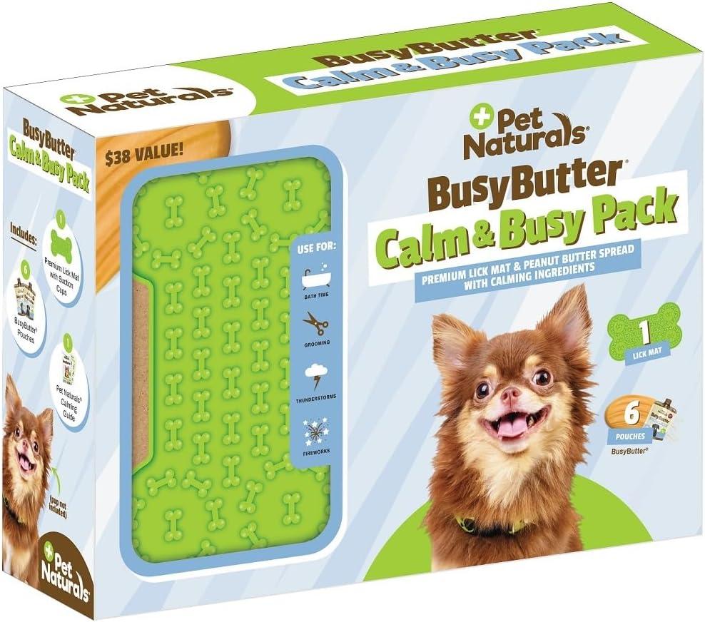 Pet Naturals Calm and Busy Pack with 6 Pouches of BusyButter Calming Peanut Butter and Premium Lick Mat with Suction Cups