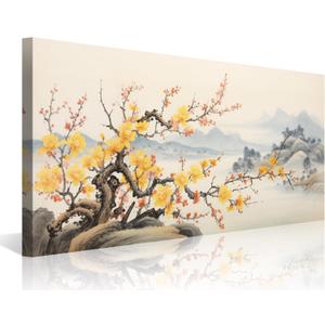Asian Wall Art Traditional Chinese Painting Oriental Yellow Plum Blossom Canvas Pictures for Wall Decor Home Living Room Cherry Blossom Landscape Artwork Framed Ready to Hang