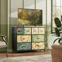 WLIVE 8 Drawer Dresser for Bedroom, Wide Fabric Dresser Storage Organizer, Chest of Drawers with Wood Top, Sturdy Steel Frame, Dressers for Living Room, Closet, Hallway, Floral Painted