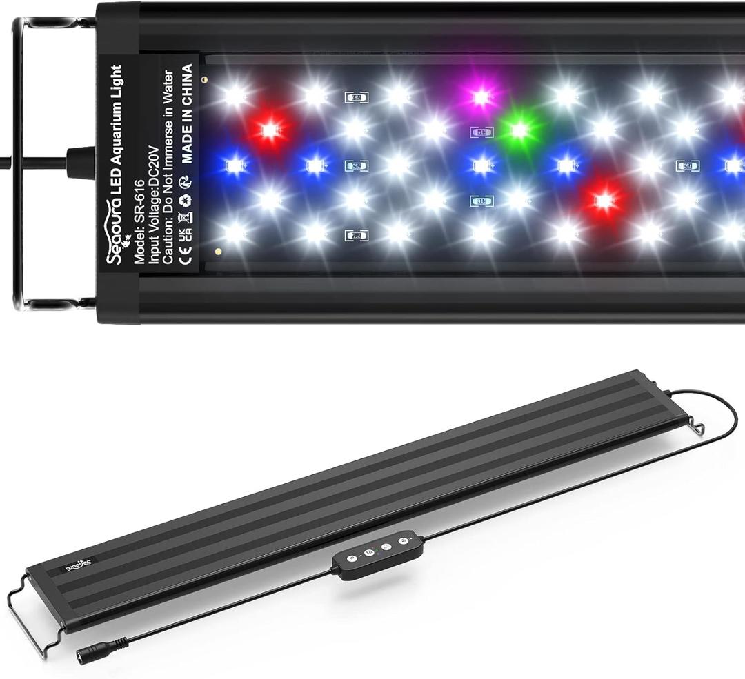 SEAOURA Led Aquarium Light for Plants-Full Spectrum Fish Tank Light with Timer Auto On/Off, 24-30 Inch, Adjustable Brightness, White Blue Red Green Pink LEDs with Extendable Brackets for Freshwater