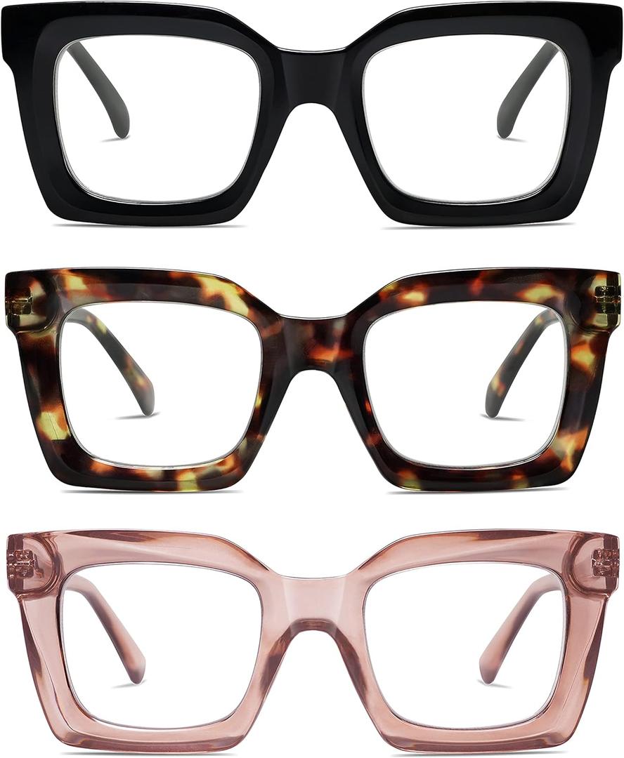 AMOMOMA Retro Oversized Square Reading Glasses for Women Men Blue Light Computer Thick Womens Readers Spring hinge AM6015 (Ac6.black+c10.tortoise+c12.crystal Brown)