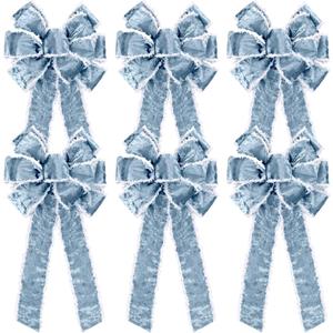 Unittype 6 Pieces Large Christmas Bow Decoration 10 x 20 Inch Velvet Wired Ribbon Christmas Tree Topper Bow Xmas Embellishment Craft for Wreath Party Favors Indoor Outdoor Home(Light Blue)