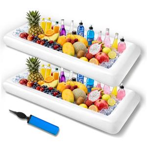 Inflatable Ice Serving Bar with Drain Plug, Buffet Cooler Serving Tray for Salad Food & Drinks, Inflatable Serving Bar for Party BBQ Picnic Pool Camping Indoor Outdoor (2, White)