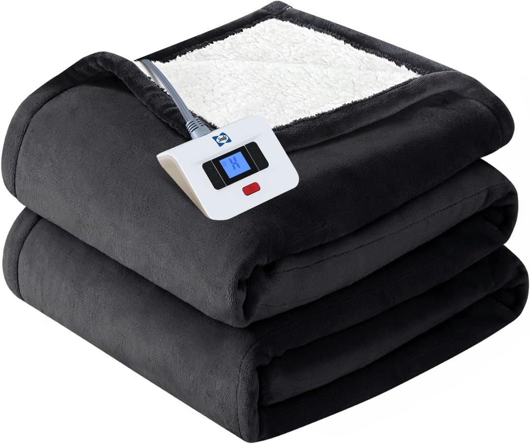 SEALY Heated Electric Blanket Full Size, Flannel & Sherpa Heating Blanket with with 10 Heating Levels & 1-12 Hours Auto Shut Off, Fast Heating Blanket, Machine Washable, Grey, 80 x 84 Inch