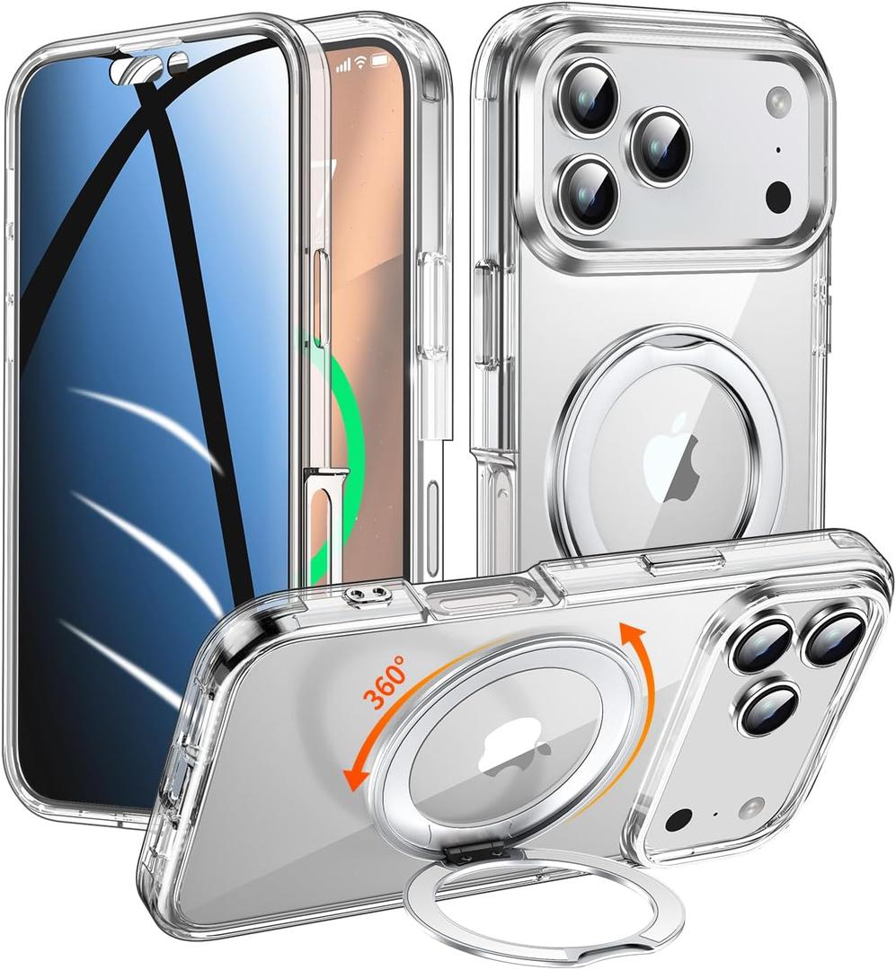 Privacy Case for iPhone 17 Pro with 360Stand [Built-in Anti Peeping Screen Protector] [Magnetic Ring ] Full Body Protective Phone 17Pro Cover 6.3", Clear