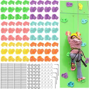 Meooeck 72 Pcs Kids Rock Wall Climbing Holds Set Colorful Grips with Mounting Screws and Hardware for DIY Indoor Outdoor Backyard Playground Play Set Back to School Birthday Gift(Pastel Color)
