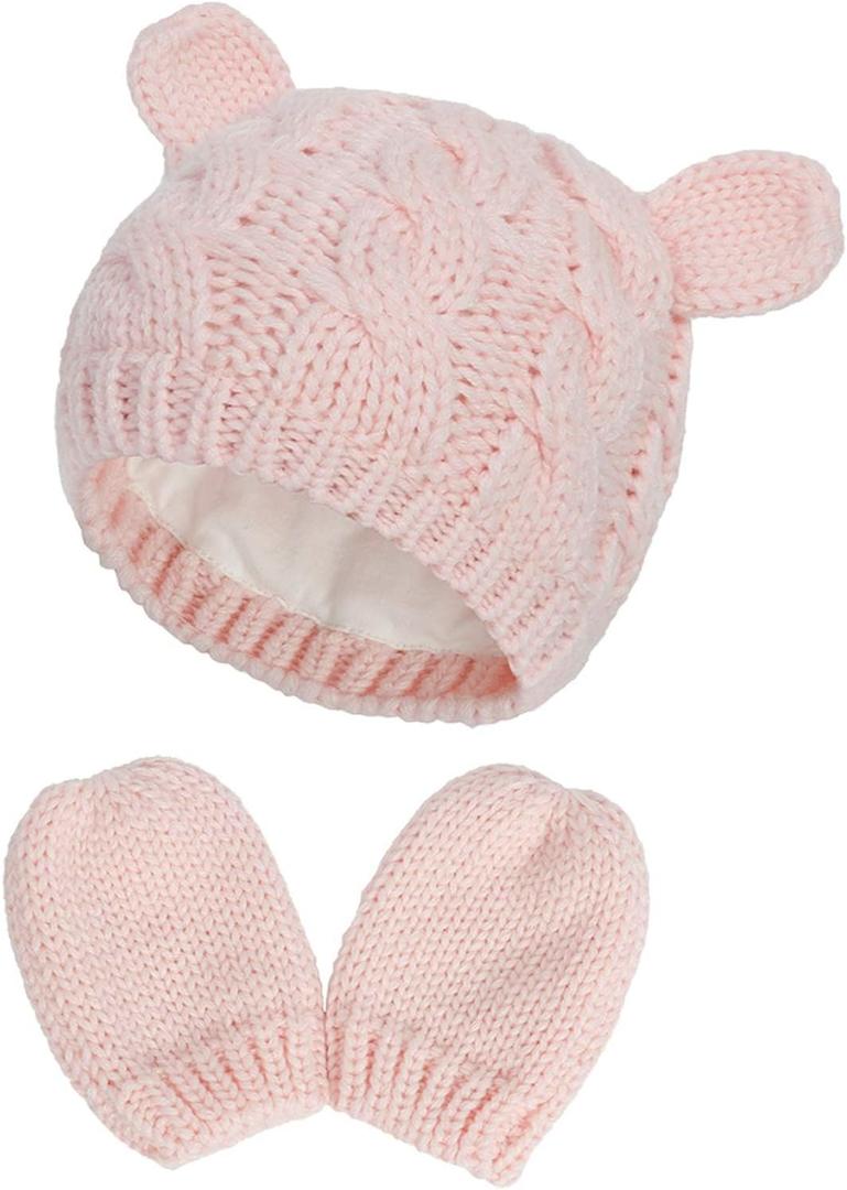 RAOEXI Unisex Baby Toddler Hat and Mitten Set Winter Knitted Thick Warm Beanie Cap Gloves for Infant Boys Girls (0-3 Months, Pink)