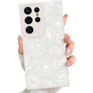 for Samsung Galaxy S24 Ultra case Silicone White Floral Rose Cute Pattern CaseCamera Protection Soft Slim Phone Case for Girls Women - White