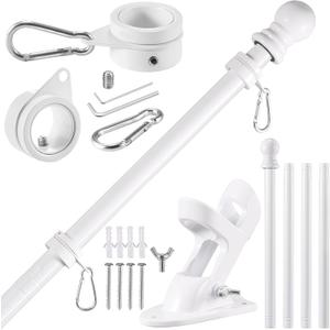 BONWIN White Flag Pole Kit for House, 5FT Thickened Stainless Steel Outside Wall Mount Flagpole for 3x5' Flag, 1" Tangle Free Rotating Flag Pole Rings & 2-Position Bracket Holder for Porch Residential