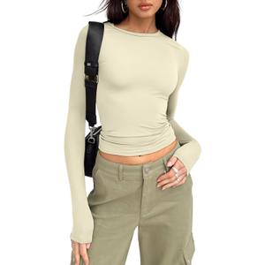 Trendy Queen Womens Long Sleeve Shirts Fall Fashion 2025 Basic Crop Tops Going Out Workout Outfits Y2k Clothes (Small, Apricot)