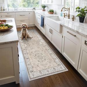 Runner Rug - 3x6 Kitchen Rugs Entryway Rug Runner Vintage Soft Floor Mat Non Slip Indoor Farmhouse Carpet for Bathroom Living Room Bedroom (3 X 6, Beige)