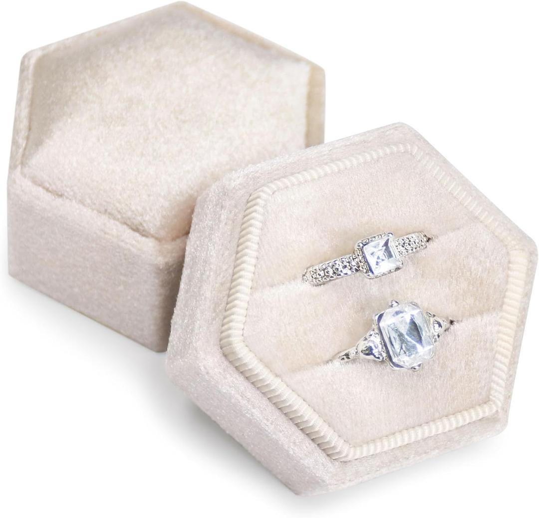 Velvet Ring Box, 2 Slots Hexagon Jewelry Ring Gift Box Vintage Ring Display Holder Case for Wedding Ceremony Proposal Engagement(Beige)