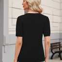 LOMON Womens Sweaters Puff Short Sleeve Lightweight Knit Summer Fall Tops Dressy V-Neck Work Blouses Business Casual Outfits (Black, S)