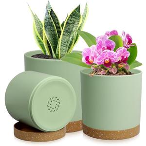 WSMKSZ 2 Pack 6/5/4 inch Cylindrical Flower Pots, Modern Small Round Plastic Plant Pots with Drainage Holes & Saucers, Clean and Refined Planter Pots for Outdoor, Indoor & Office Decor (Green Brown)