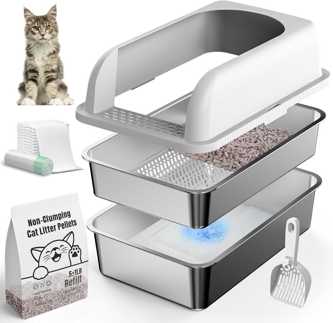 19.6''x13.7''x12'' Enclosure Stainless Steel Litter Box, Sifting Litter Box with Zeolite Litter Pellets 5 LBs, High Sides Metal Litter Pan for High Peeing Cats, Anti-Leakage, Less Tracking