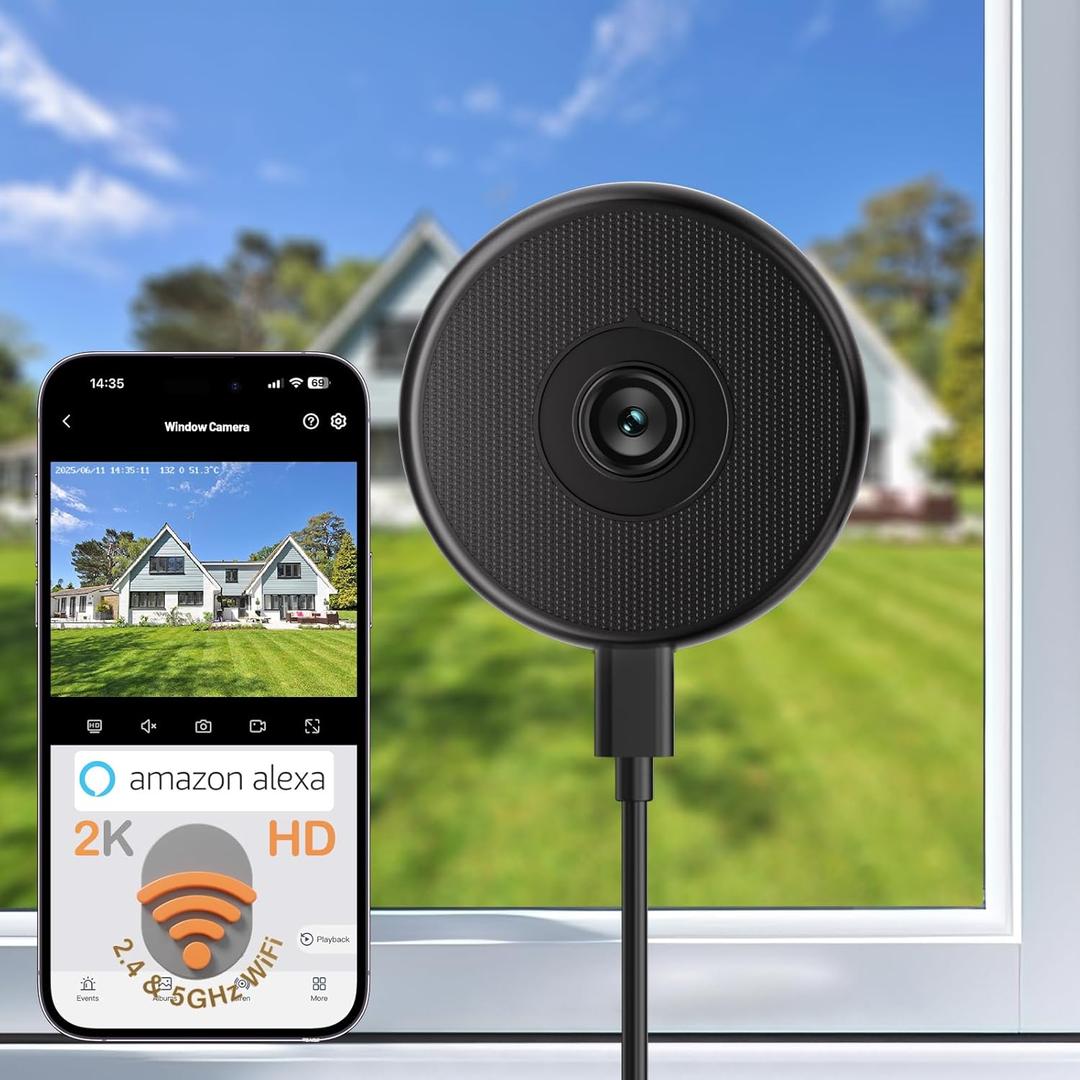 WiFi Window Cameras for Home Security, 2K No-Drill Mount Wireless Camera for Indoor & Outdoor Monitoring, Color Night Vision , Human Detection, 24/7 Recording, Ideal for Apartment,Alexa Glare Full Color Night Vision, Window Mounted Security Camera for Home Security, Works with Alexa