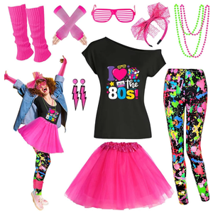 80s Outfit Women Costume Accessories Set T Shirt Shorts Tutu Skirt Neno Party Leg Warmers Headband M