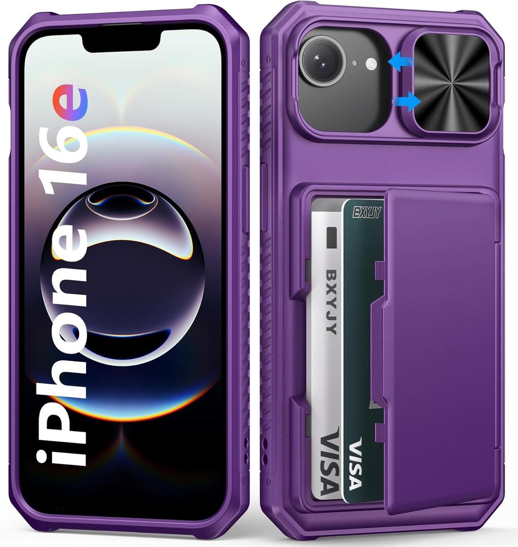 for iPhone 16e/17e Wallet Case with Camera Cover, Built-in Card Holder (4-5 Cards), RFID Block, Military Grade Protection, Heavy Duty Women Men Girly Phone Case for iPhone 16e/17e, Dark Purple