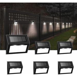 Solar Fence Lights Outdoor, Waterproof Deck Pathway Yard Lamp, Stainless Steel,6 Pack,Black Metal case, White Light