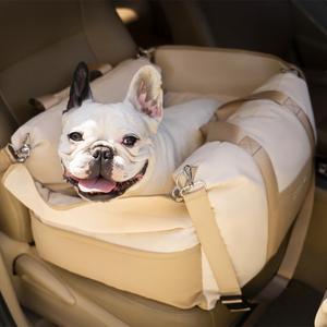 FUNNY FUZZY Dog Car Seat Waterpoof for Small & Medium Dogs Up to 35lbs, Detachable & Washable Pet Booster Seat with Leash, Thick Cushion, Storage Pockets & Adjustable Straps (Beige)