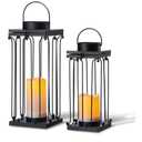 Solar Lantern Decorative Outdoor Set of 2 (18’’ & 15’’) Modern Black Metal Lanterns with Solar Candles, Decorative Candle Lanterns for Outdoor Porch, Patio, Garden, Yard Decor