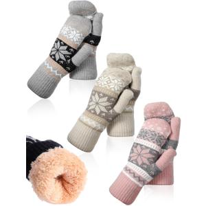 Vicenpal 3 Pairs Women Winter Mittens Snowflake Mitten Fleece Lining Cozy Wool Glove Cold Weather Thick Warm Knitted (Bright)
