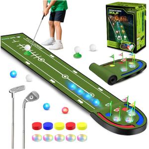 Upgraded Golf Putting Mat for Kids, 7.8 Ft Putting Green with LED Light up Holes, Glowing Balls, 2 Clubs, Toy Golf Game Set, Golfing Mats Indoor Outdoor, Sport Golf Gift for Kids Teens Family
