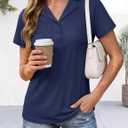 YUCOLEN Polo Shirts for Women Short Sleeve Lapel Collared 3 Button V-Neck Work Cotton Blend Casual Summer Tops (Blue, M)