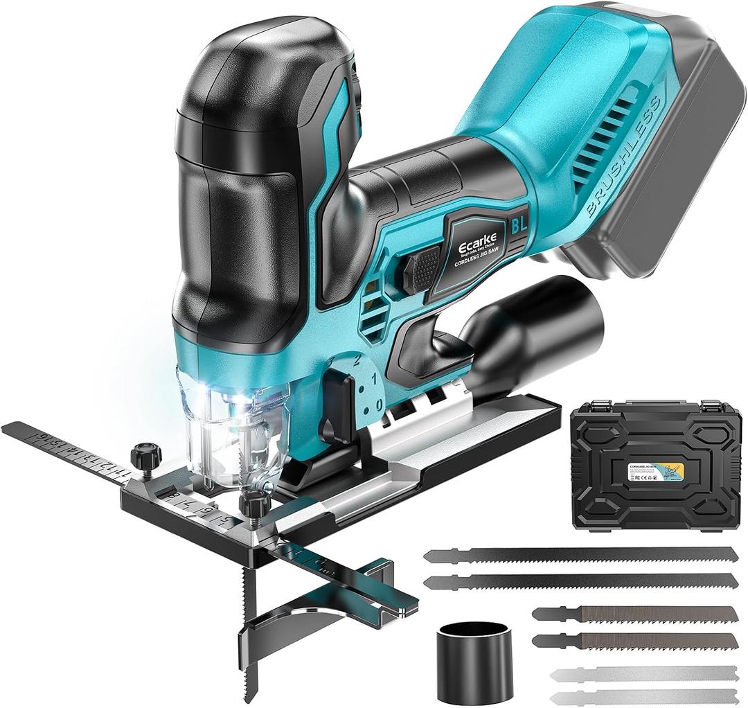 Ecarke Cordless&Brushless Jig Saw Compatible With Makita 18V Battery, 3800RPM, 7 Speeds Dial Control, Free-Tool 45 Bevel Cuts, 4 Orbital Action, Dust Blows and 6 Blades For Cutting (Only Tool)