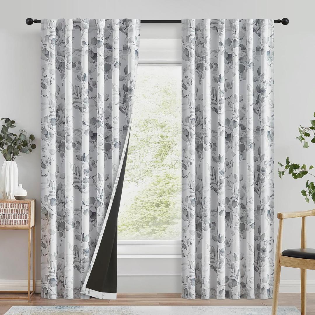 100% Blackout Curtains Grey Floral Pattern Curtains 84 Inches Long for Bedroom Watercolor Leaf Print Thermal Insulated Drapes for Living Room Darkening Rod Pocket Window Curtains 2 Panels (Back Tab | Grey)