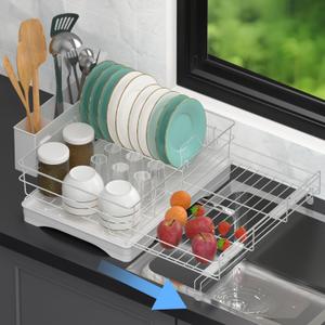 CLBDRESS Dish Drying Rack Expandable Rack for Kitchen Counter, Carbon Steel Dish Racks Rust-Proof Large Capacity Dish Drainer with Utensil Holder, Space Saving for Bowls, Plates & Cups, White