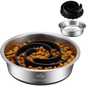 2-in-1 Metal Dog Bowl with Slow Feeder Insert, Stainless Steel Dog Bowls Food Grade 304, Water Food Bowl with Anti-Slip Silicone Base for Small, Medium, Large Dogs (Black)