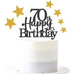 2 x Glittery 70th Happy Birthday Cake Topper with Star,Personalised 70 Birthday Cake Toppers Party Decorations Party Supplies for Men Women Black Gold