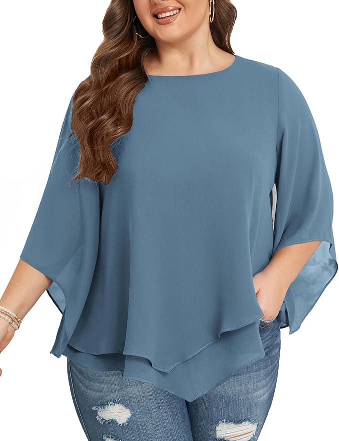 Hanna Nikole Women's Large Sizes Chiffon Blouses 3/4 Sleeve Double Layer Shirt Flowy Elegant Tops Loose Long Shirt
 Blue 3XL Hanna Nikole Women's Large Sizes Chiffon Blouses 3/4 Sleeve Double Layer Shirt Flowy Elegant Tops Loose Long Shirt
 Blue 3XL