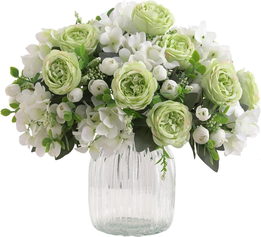 4 Bunches Green Peony Artificial Flowers for Decoration Faux Rose Fake Bouquet Silk Arrangements Table Centerpiece for Vase Cake Topper Bridal Baby Shower