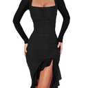 BORIFLORS Women's Sexy Ruched Bodycon Midi Dresses Elegant Mesh Long Sleeve Square Neck Ruffle Hem Cocktail Party Dress, Large, Black