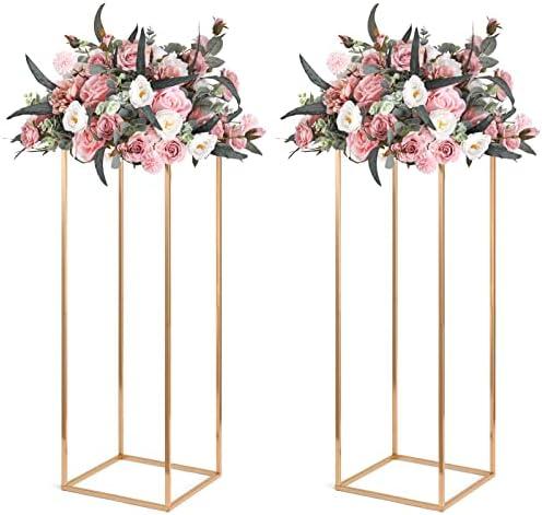 Gold Wedding Flower Stands, Set of 2 Metal Vases Column Geometric Wedding Table Display Centerpieces 31½ inches Tall Floral Decoration Holders for Wedding Party Decor