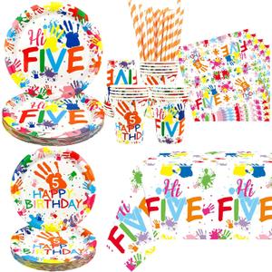 Hi Five Birthday Party Supplies, Includes Plates, Napkins, Tablecloth, Cups and Straws, for Kids Boys Girls 5th Birthday Party Decoration Serves 20