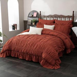 Herside Brick Red Ruched Comforter Set King Size, Boho Ruffle Bedding 9 Pcs Bed in A Bag, Fluffy Luxury Ruffle Comforter Bedding with Flat Sheet, Fitted Sheet, Pillow Shams, Pillowcases for All Season