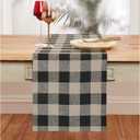 Solino Home Linen Plaid Table Runner 60 Inches - 100% Pure Linen Natural and Black Buffalo Check Short Table Runner 14 x 60 Inch Ideal for Dresser and Coffee Tables - Summer, Father's Day