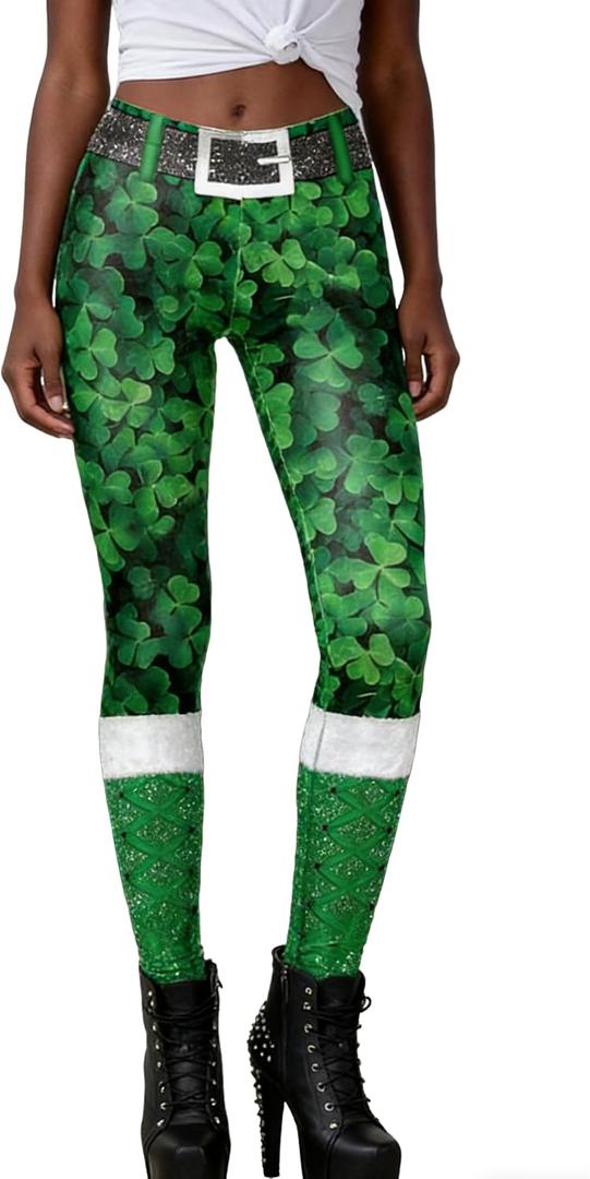 GTETKDE Womens St.Patricks Day Shamrock Clover Green Lucky Pants Tights Stretchy Leggings Skinny Pant for Yoga Running (Green, S)