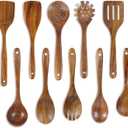 FJNATINH 10 PCS Wooden Spoons for Cooking - Teak Wooden Kitchen Utensil Set - Cooking Mixing Baking - Non-stick Healthy Kitchen Cookware Gifts for Women Housewarming Gifts