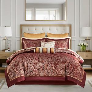Madison Park Aubrey Cozy Comforter Set, Faux Silk Jacquard Paisley Design - All Season Down Alternative Bedding with Cotton Bed Sheets, Bed Skirt & Toss Pillows, California King Red 12 Piece